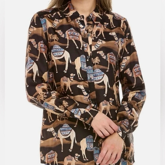 J. McLaughlin Darcey Silk Blend Button Front Blouse - Camel Print - Small - NWOT - Picture 3 of 13